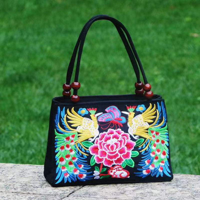 Style Double Sided Embroidery Wooden Bead Layer Zipper Portable Handbags