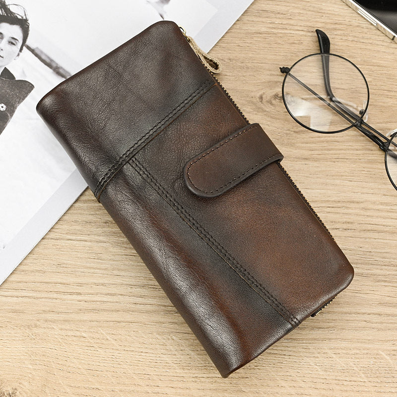 Vintage Leather Brushed Long Cowhide Stitching Multiple Men's Wallets