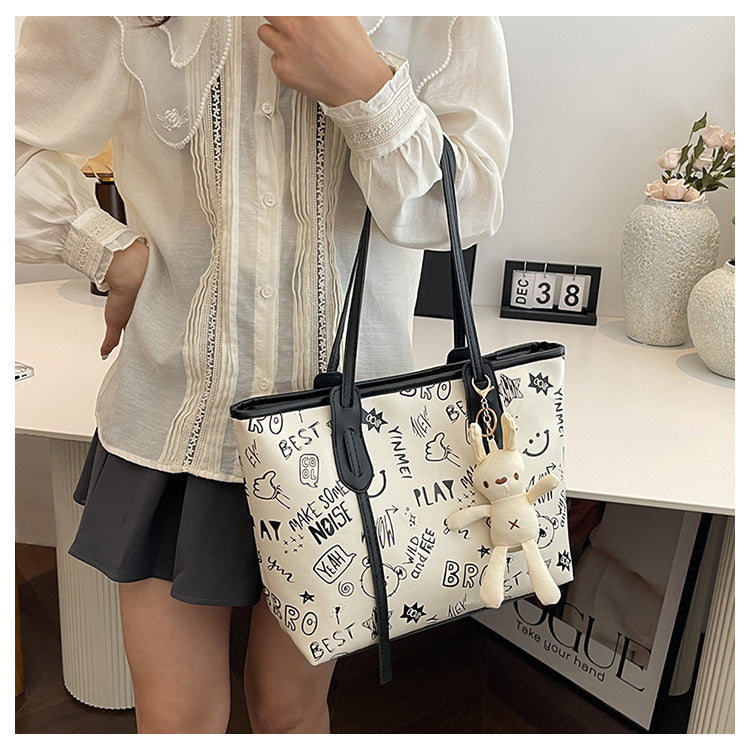 Contrast Color Big Female Cute Cartoon Printed Easy Matching Large Bags