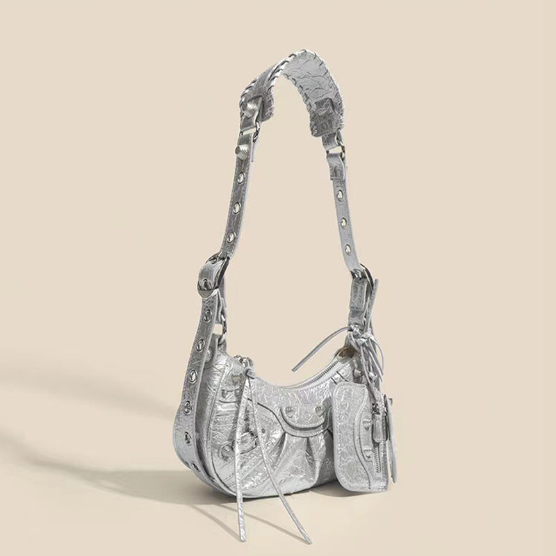Women's Trendy Retro Underarm Pleated Rivet Tassel Half Bags