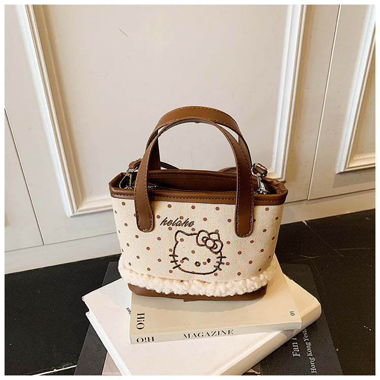 Women's Korean Style Cartoon Fashion Trendy Lamb Wool Cute Cat Embroidery Bags