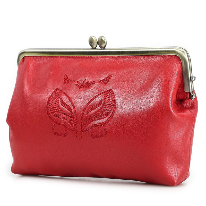 Women's Black Angel Full Grain Sheepskin Double Iron Hinge Embroidered Makeup Bag