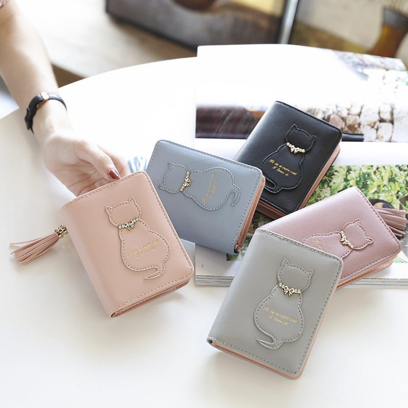 Women's Cat Solid Color Vertical 2 Fold Ladies Wallets