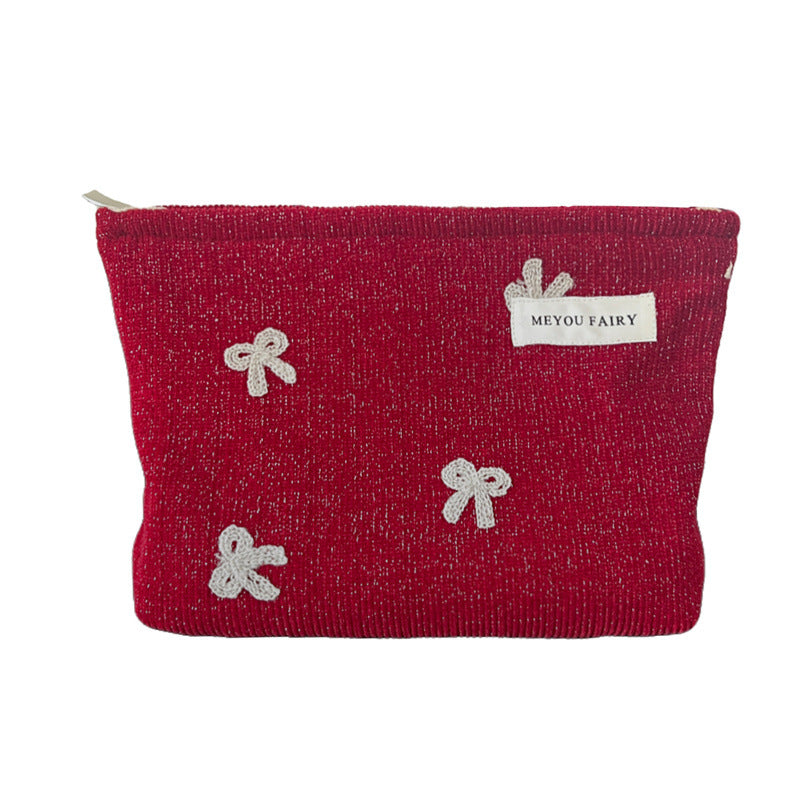 Portable Large Capacity Red Bow Wash Liner Girly Cosmetic Bags