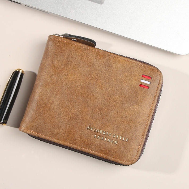 Men's Short Horizontal Zipper Vintage Cubic Men's Wallet