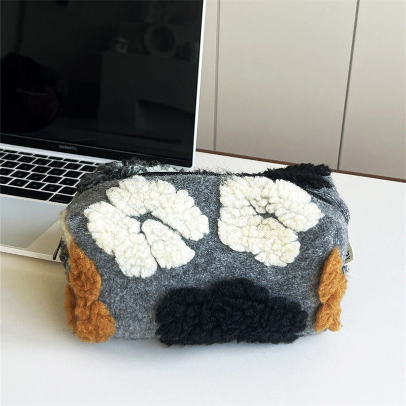 Striped Plush Large Capacity Pencil Wash Portable Storage Bags