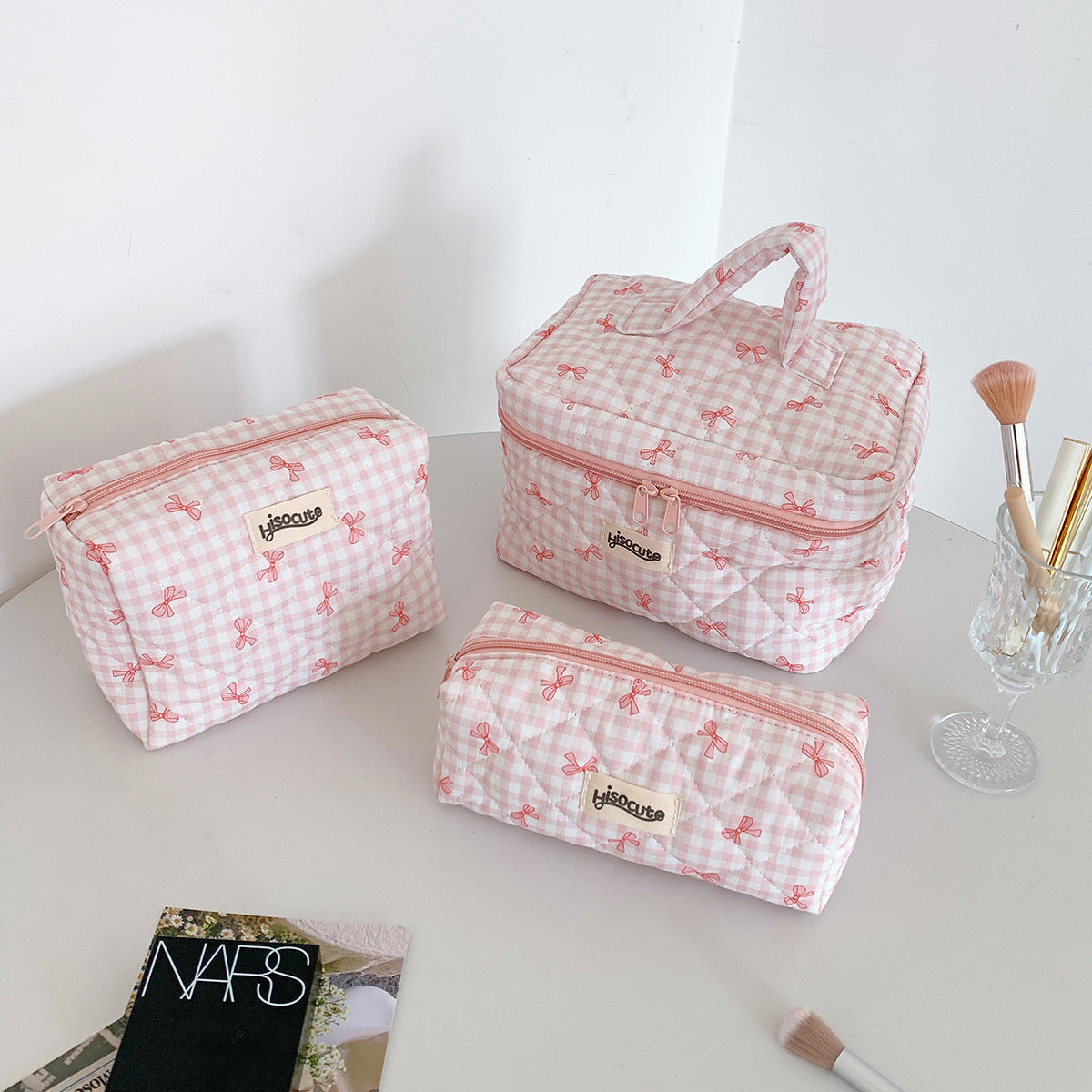 Bow Plaid Simple Good-looking Brush Assorted Storage Cosmetic Bags