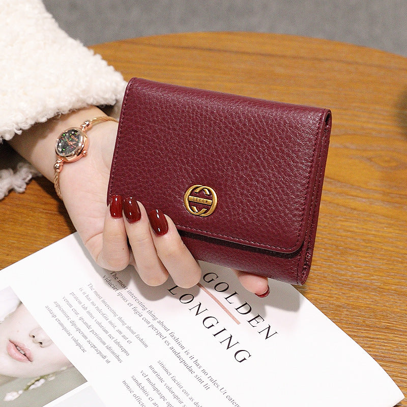 Women's Leather Folding Fashion Simple Cowhide Three Fold Ladies Wallet