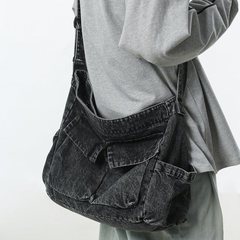 Women's Tooling Style Denim Canvas Large Capacity Class Tote Bags
