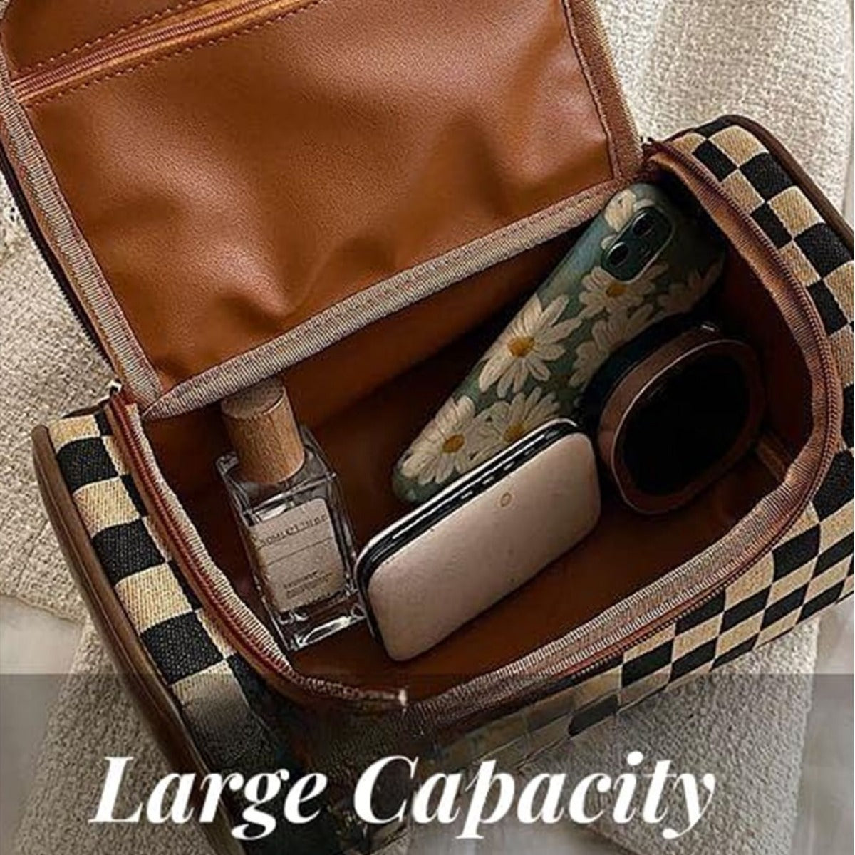 Portable Plaid Fashionable Capacity Stitching Wash Makeup Bag