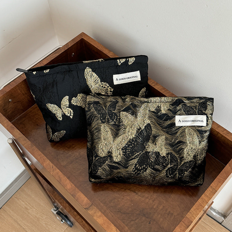 Gold Silk Butterfly Fabric Storage Clutch Canvas Makeup Bag