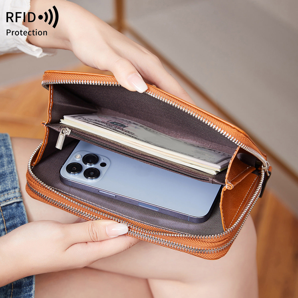 Double Layer Zipper Large Capacity Long Portable Card Holder