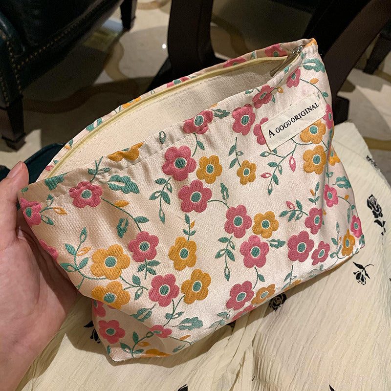 Embossed Flower Literary Printing Buggy Large Capacity Portable Toiletry Canvas Bags