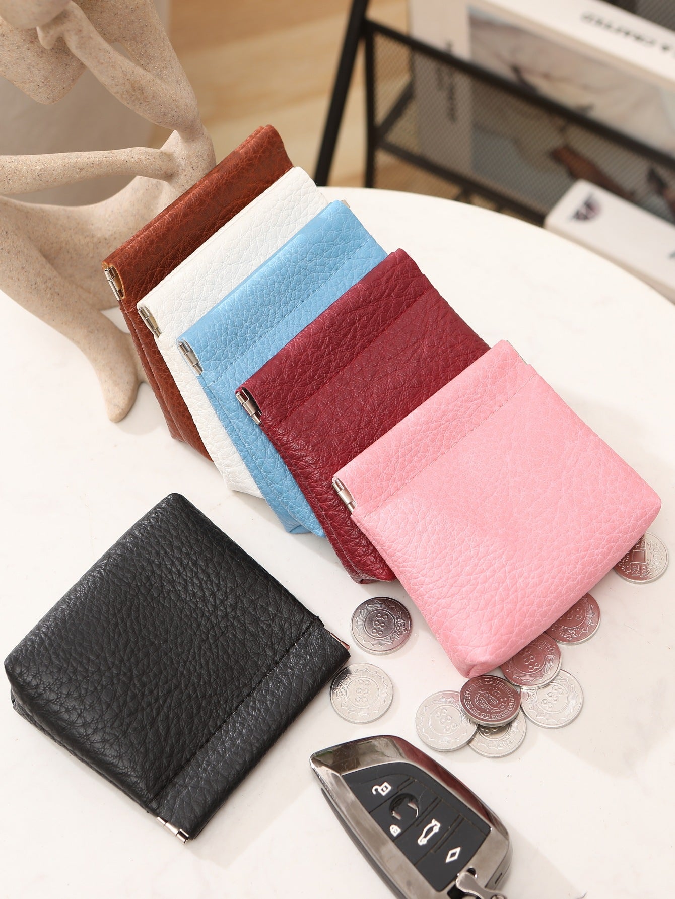 Unisex Imitation Leather Litchi Pattern Clip Mouth Pocket Coin Purses