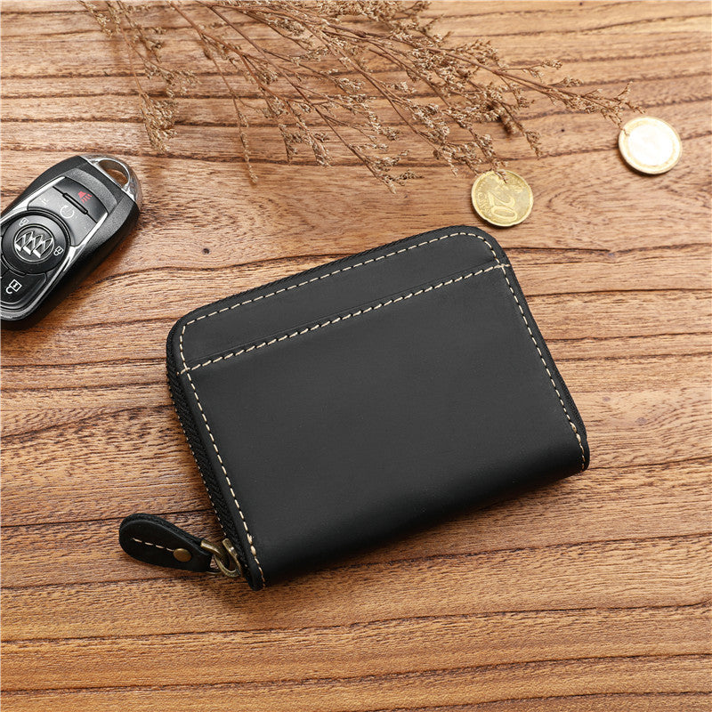 Men's Crazy Horse First Layer Cowhide Short Leather Zipper Simple Driving Purses