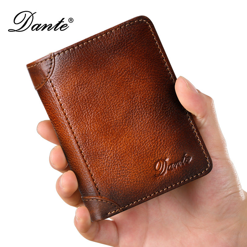 Men's Genuine Leather Swiping Vertical Three-fold Vintage Men's Wallets