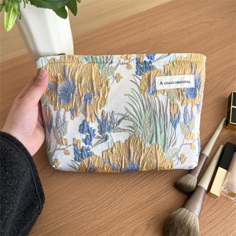 Flower Fabric Art Clutch Wrinkle Texture Large Makeup Bag