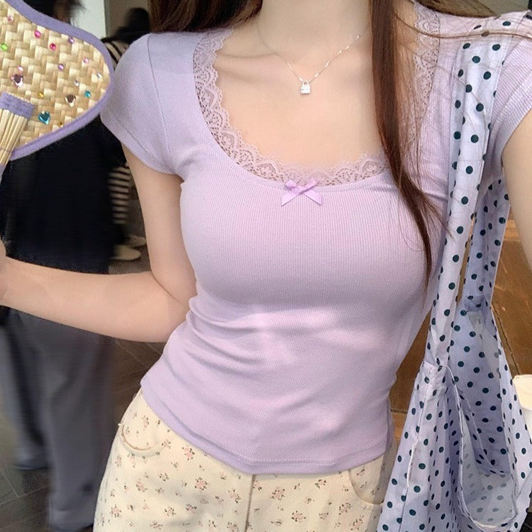Short-sleeved Lace Back Pure Style Design T-shirt Outer Tanks Camis