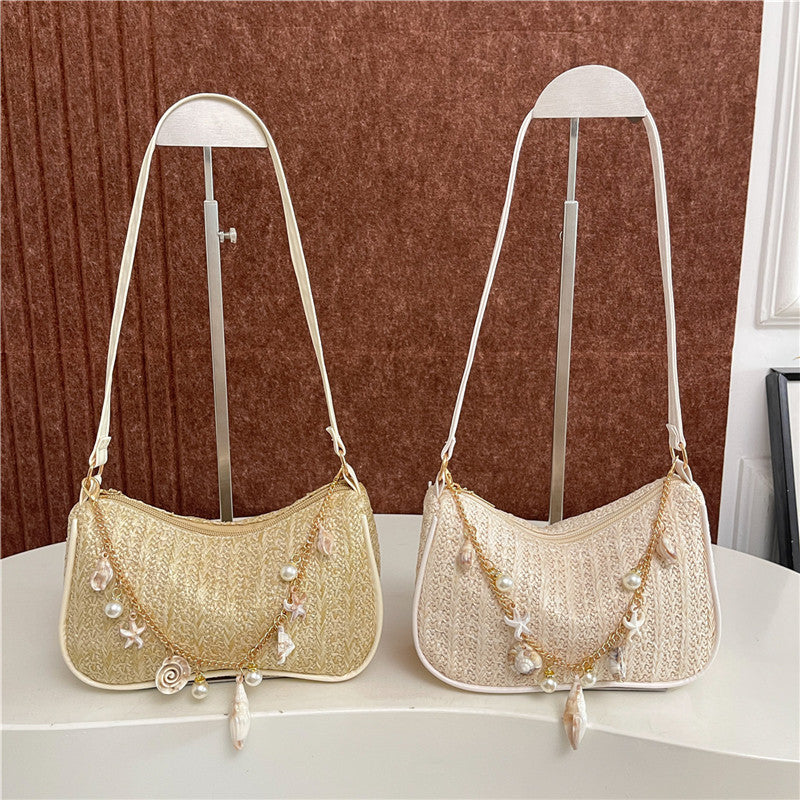 Fashionable Shell Pearl Chain Decoration Funky Commuter Women's Shoulder Bag