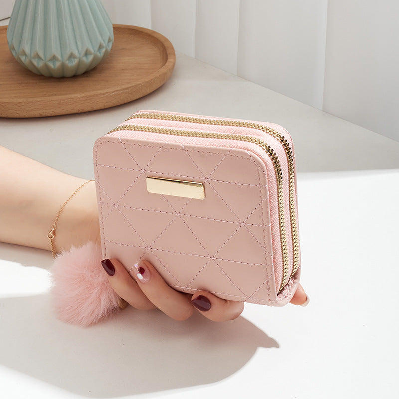 Women's Mao Ball Rhombus Texture Iron Mark Short Ladies Wallet