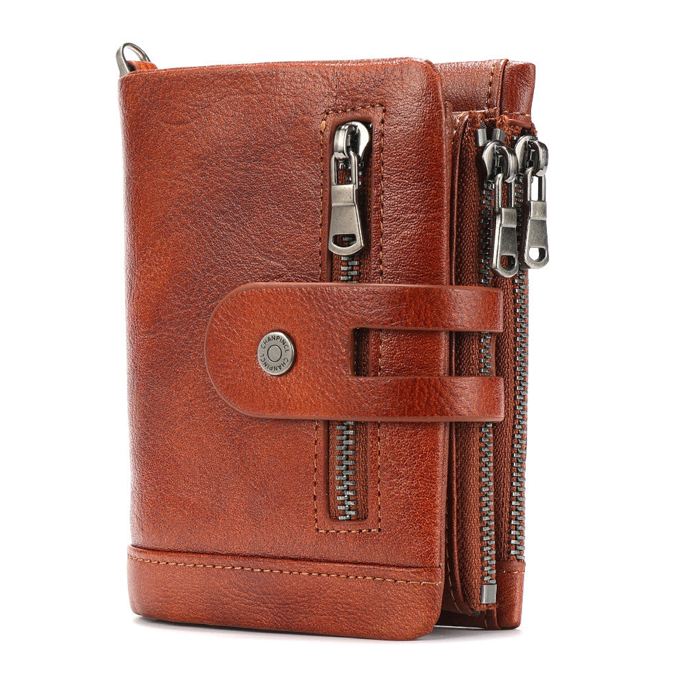 Men's Color First Layer Cowhide Double Zipper Multiple Slots Men's Wallets
