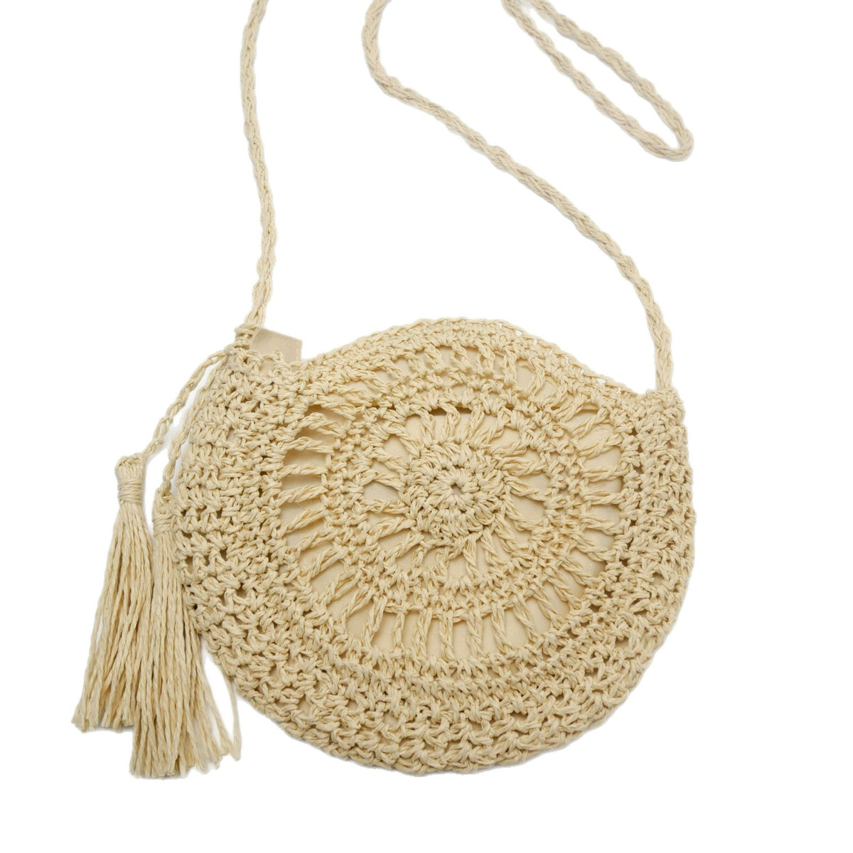 Women's Crochet Woven Hollow Straw Round Tassel Bags