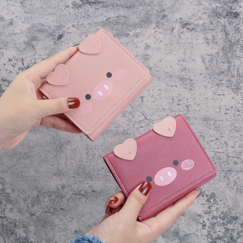 Short Female Cartoon Piggy Cute Three Folding Coin Purses