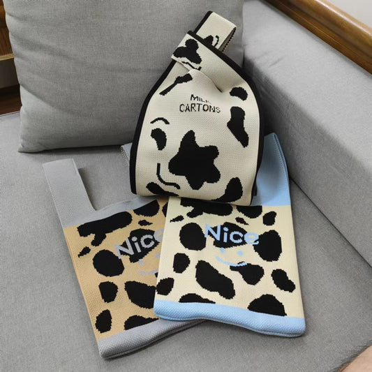Women's Cow Spot Wool Knitted Woven Underarm Shoulder Bags