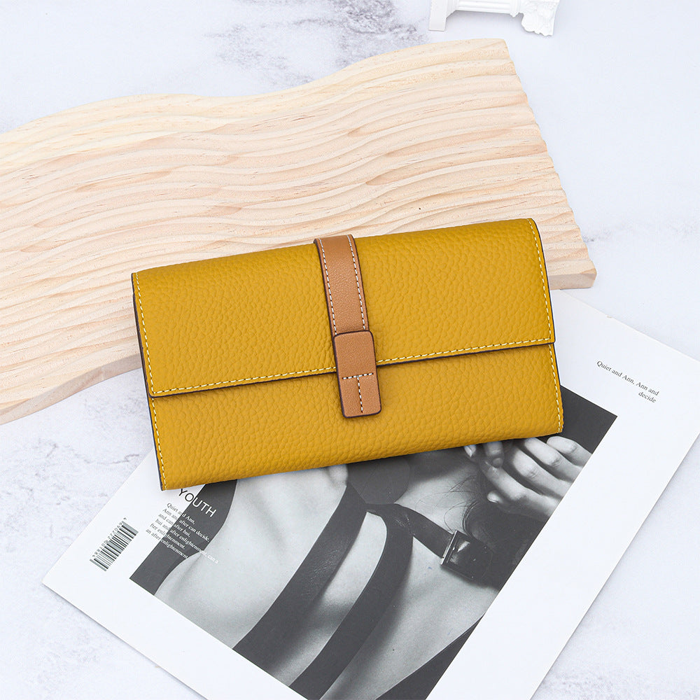 First Layer Cowhide Long Fashion Color Contrast Clutch Large Capacity Phone Bags