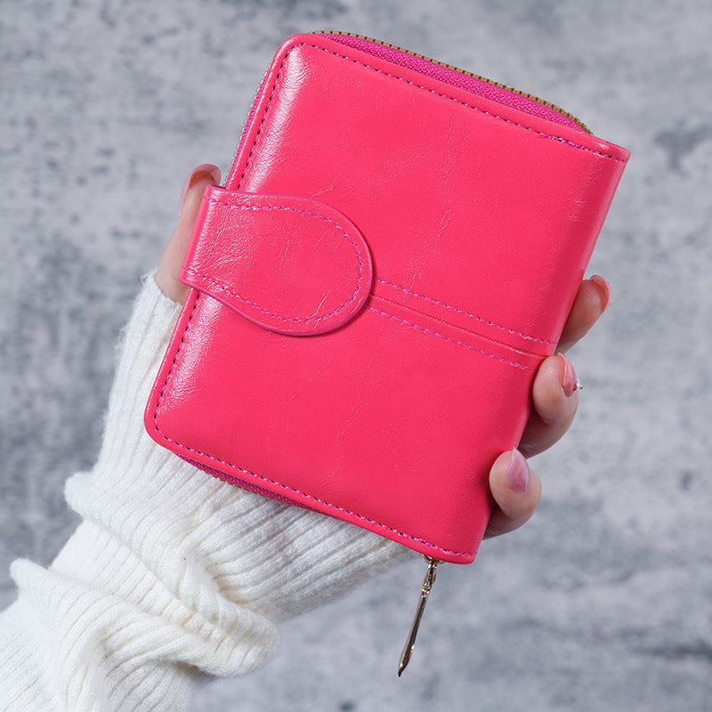 Women's Oil Wax Leather Vintage Short Korean Fashion Zipper Ladies Wallet