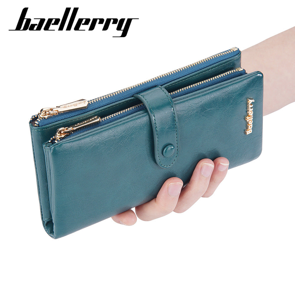Women's Long Oil Wax Leather With Double Coin Purses
