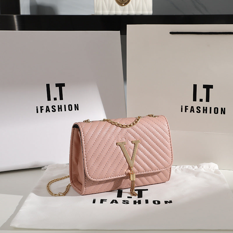Women's Trendy Fashion Striped Embroidered V-shaped Tassel Crossbody Bags