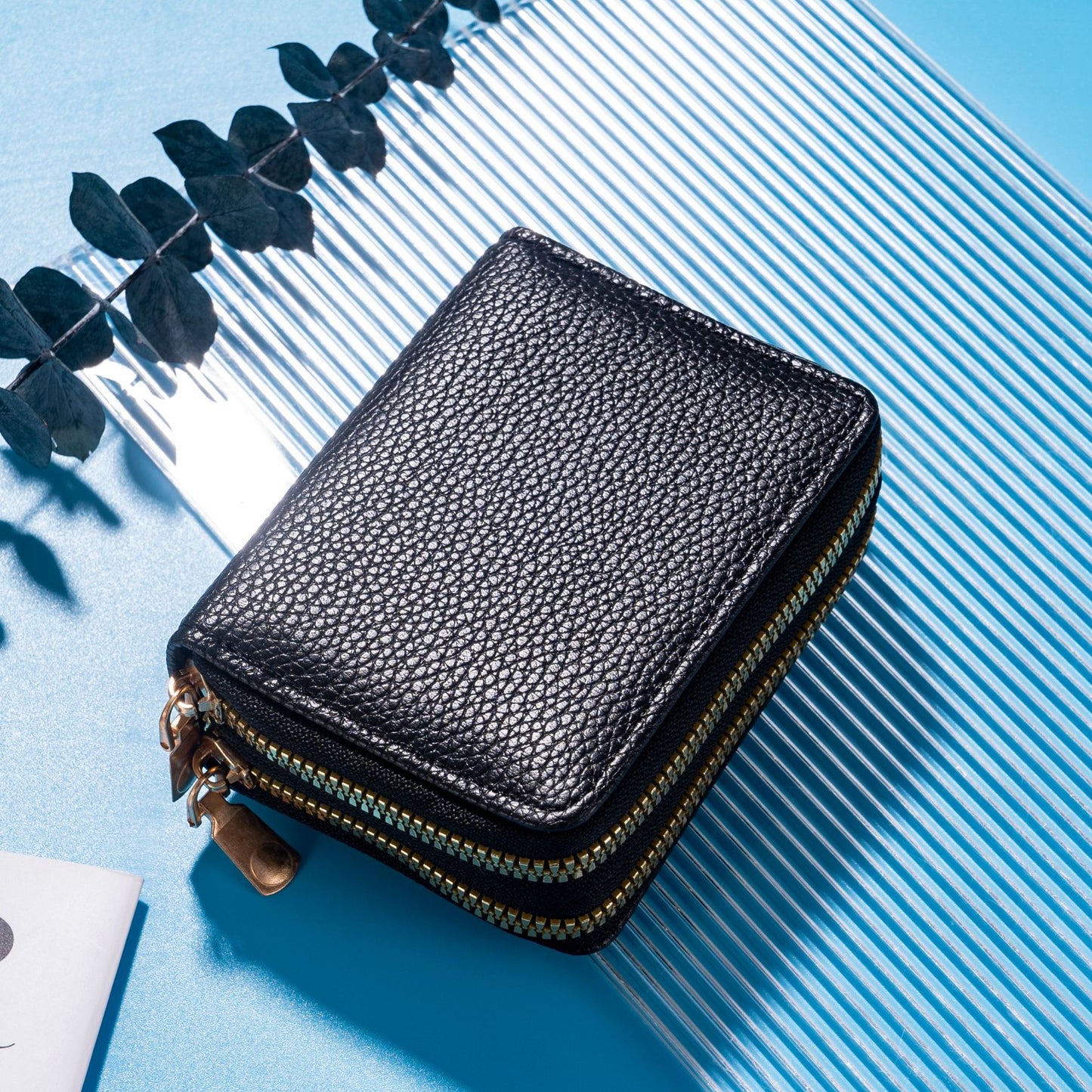 Women's Short Litchi Pattern Double Zipper Document Card Holder