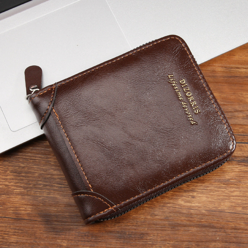 Men's Short Horizontal Zipper Vintage Cubic Men's Wallet