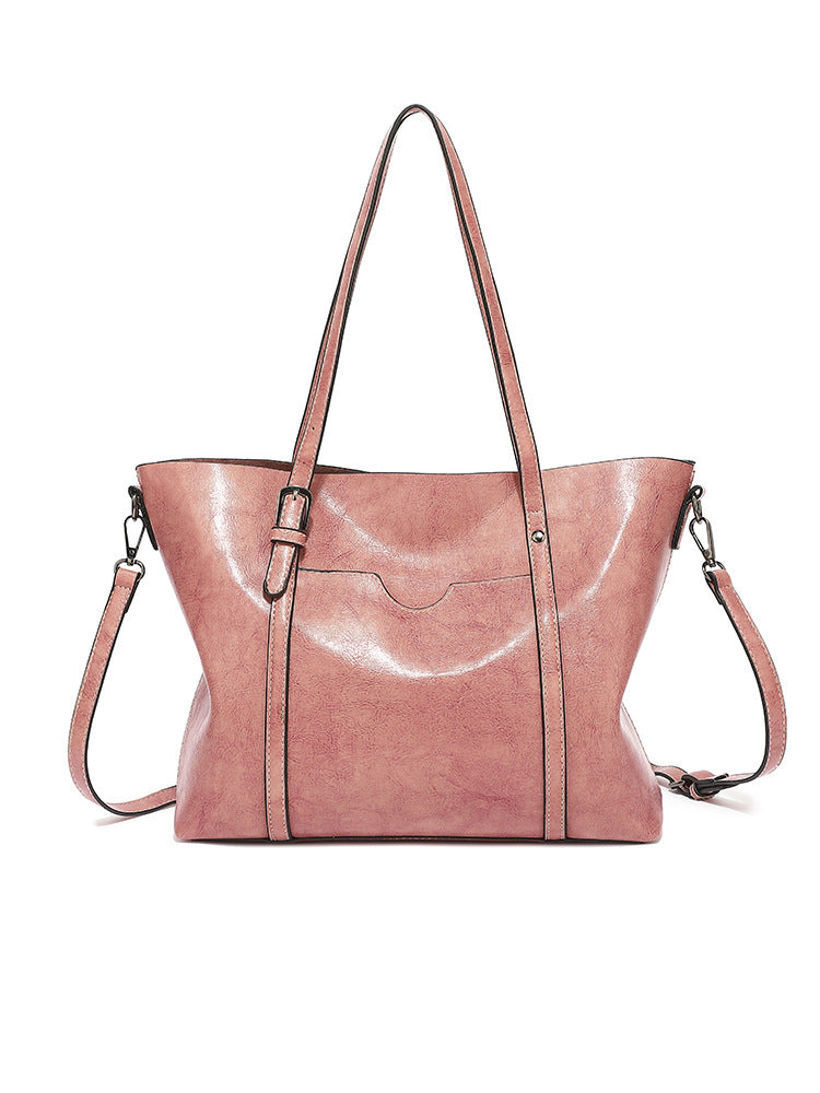 Women's Fashion Trendy Oil Leather Portable Big Women's Shoulder Bag