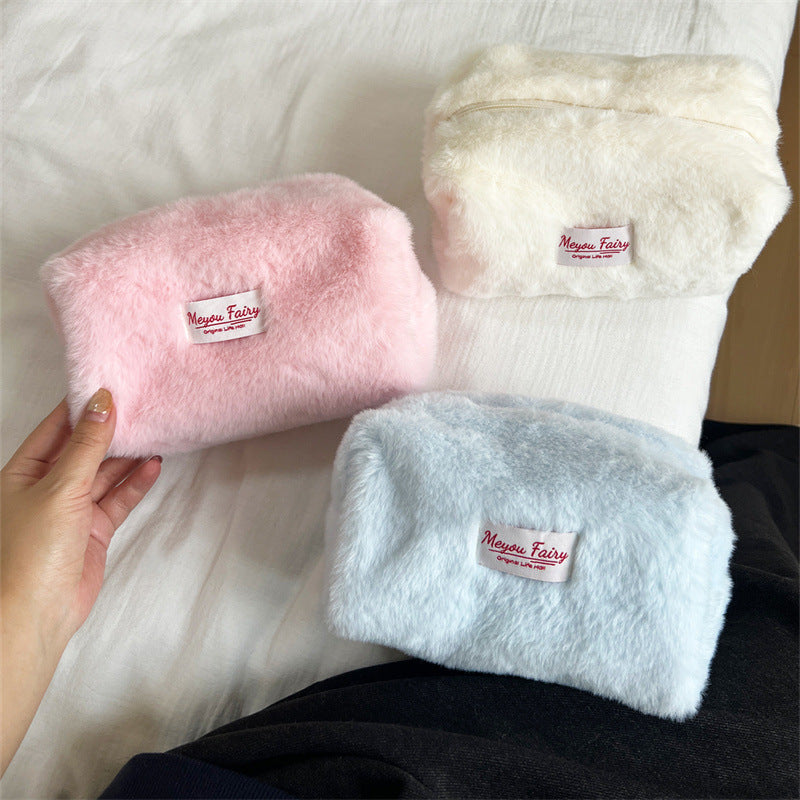 Plush Sweet Solid Color Large Capacity Makeup Bag
