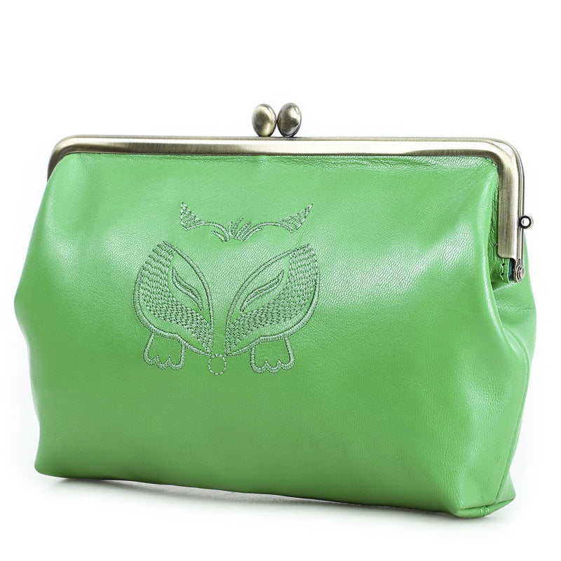 Women's Black Angel Full Grain Sheepskin Double Iron Hinge Embroidered Makeup Bag