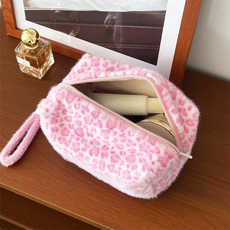 Sweet Cool Leopard Pattern Pink Hand Carrying Large Capacity Portable Makeup Bag