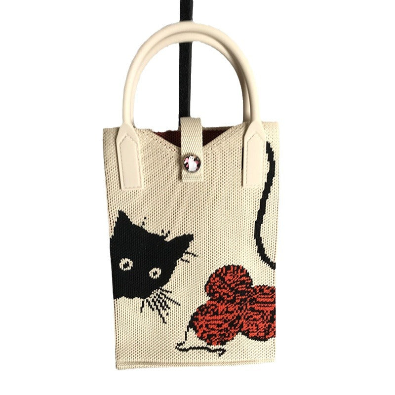 Women's Mobile Cat Knitted Portable Storage Korean Handbags