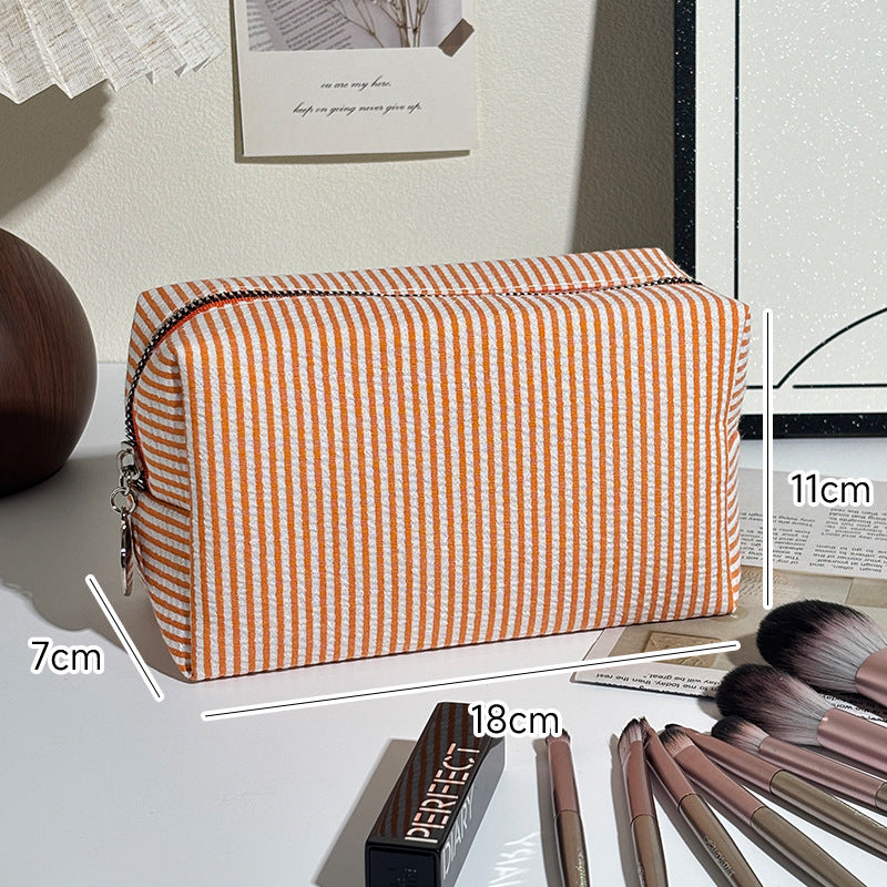 Striped Make-up Large Capacity Seersucker Embroidered Portable Out Makeup Bag