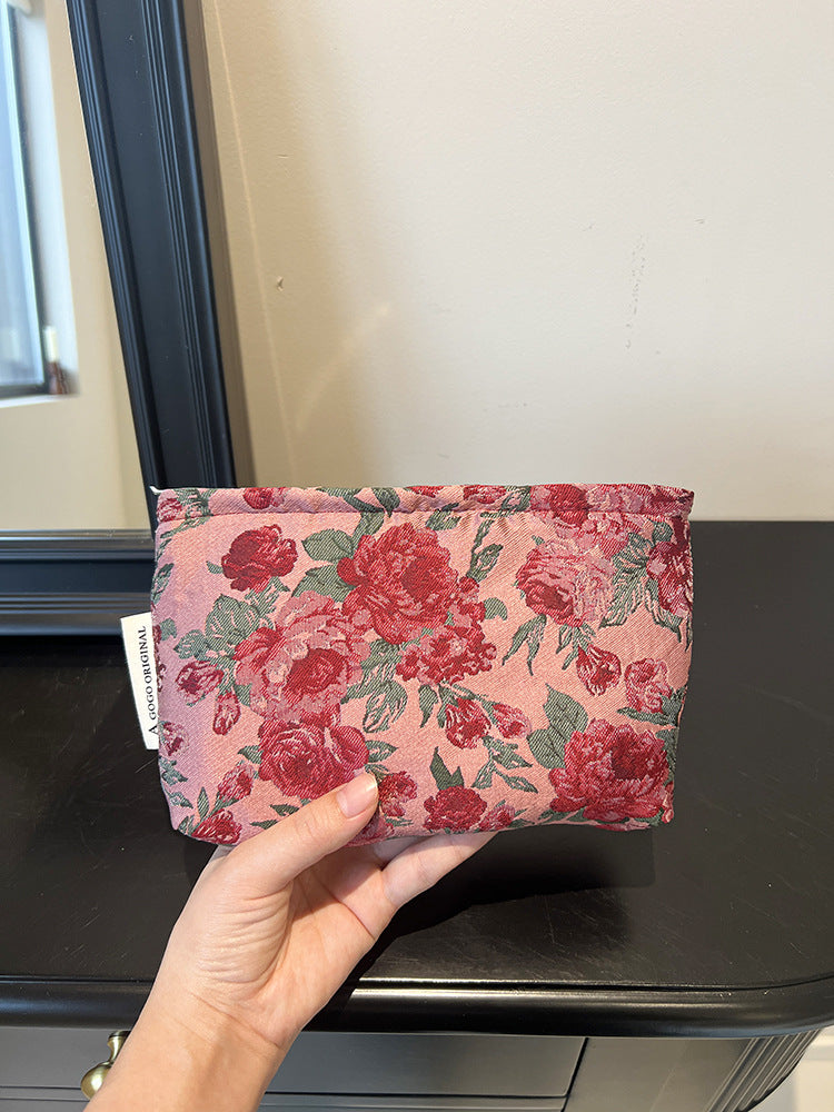 Women's Retro Dark Red Flower Jacquard Fabric Makeup Bag