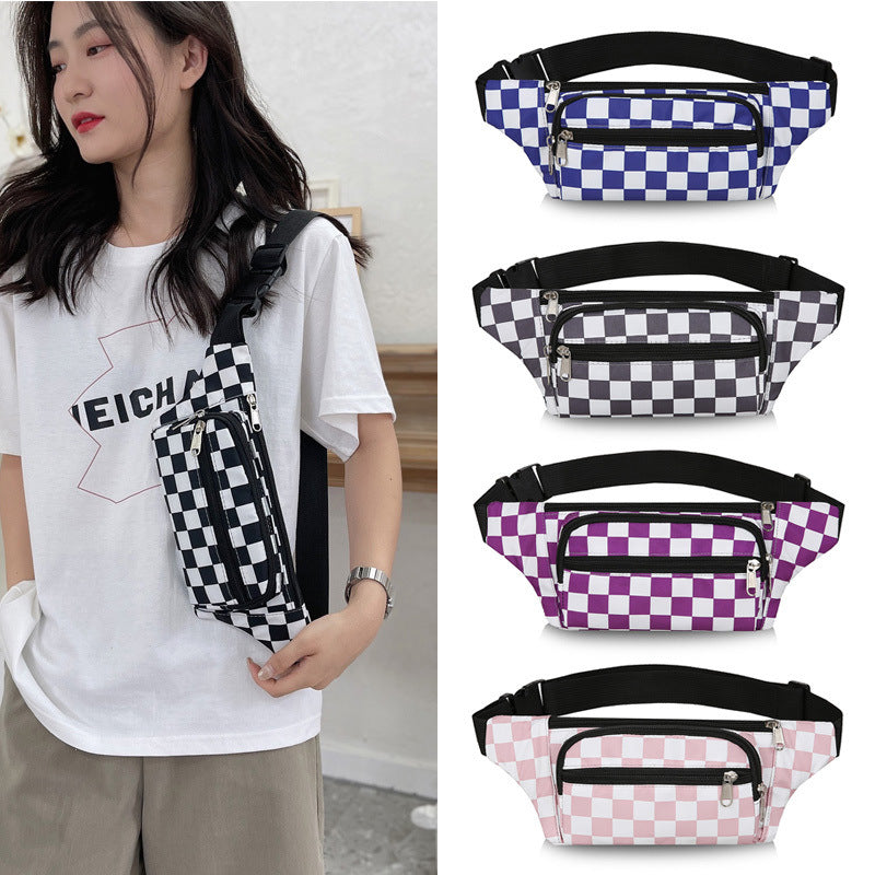 Women's Chessboard Plaid Fashion Nylon Cloth Black White Cell Men's Waist Packs