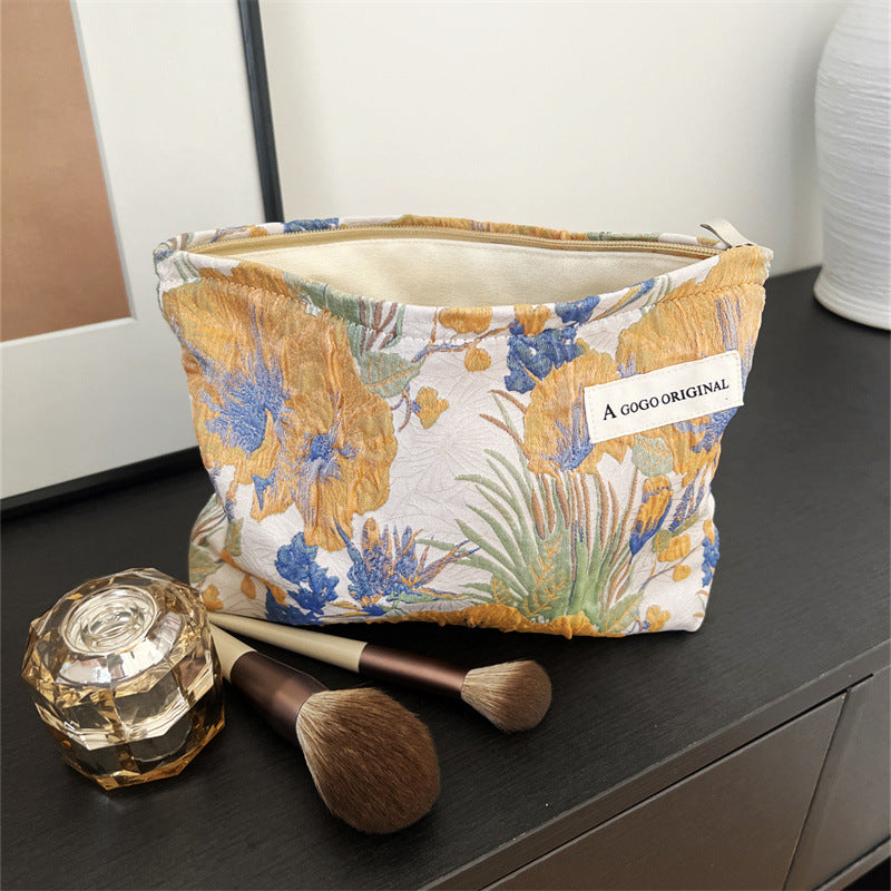 Flower Fabric Art Clutch Wrinkle Texture Large Makeup Bag
