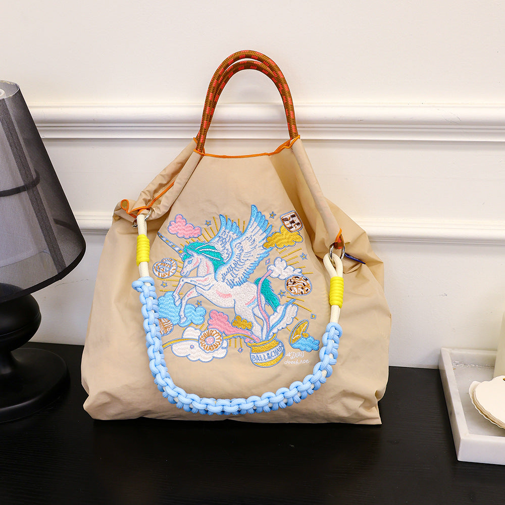 Lucky Horse Cartoon Waterproof Nylon Needle Embroidery Fashion Commuter Large Shoulder Bags