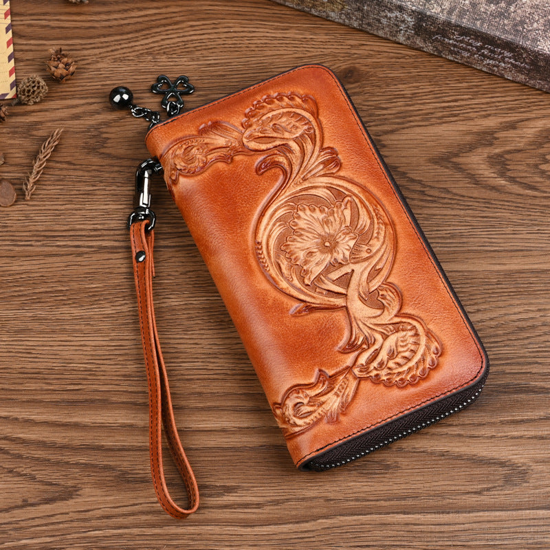 Women's Layer Cowhide Multifunctional Zipper Clutch Vintage Ladies Wallet