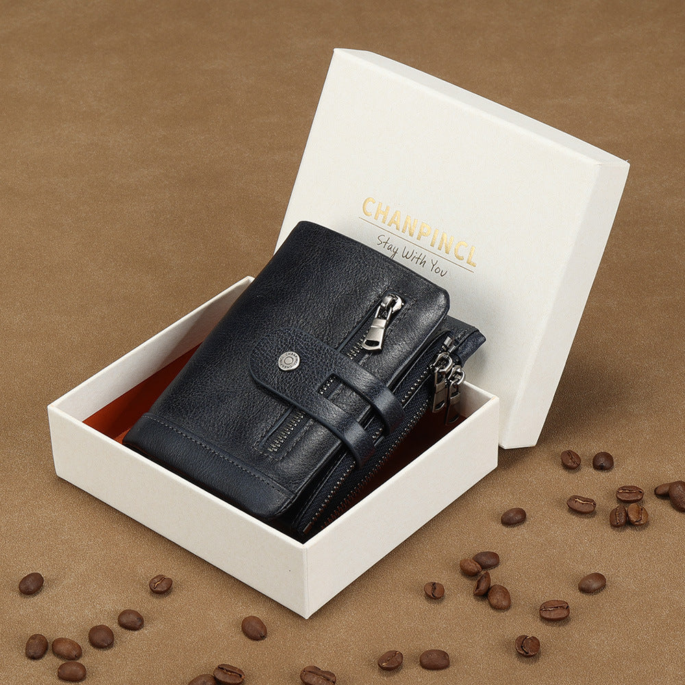 Men's Color First Layer Cowhide Double Zipper Multiple Slots Men's Wallets