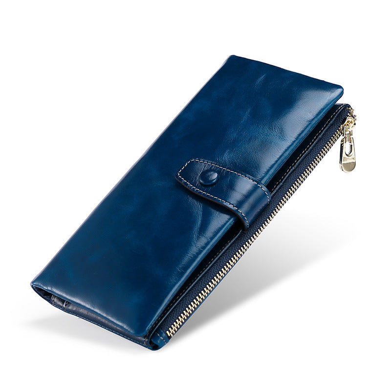 Quality Oil Wax Leather Long Multiple Slots Genuine Hand-held Multifunctional Purses