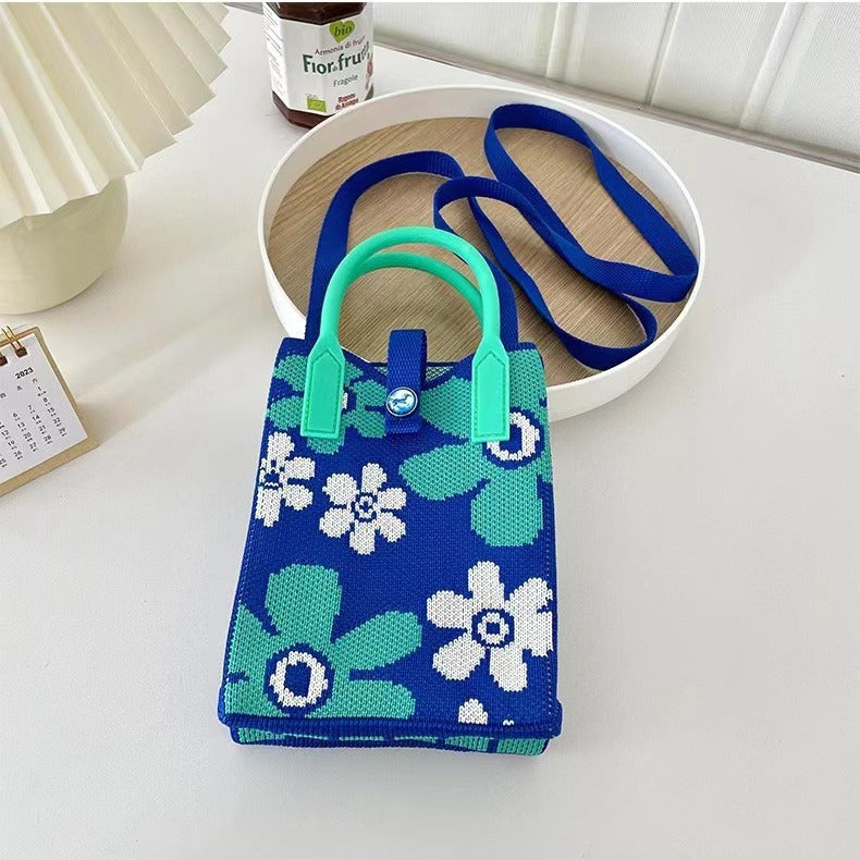 Women's Style Niche Contrast Color Flower Knit Handbags