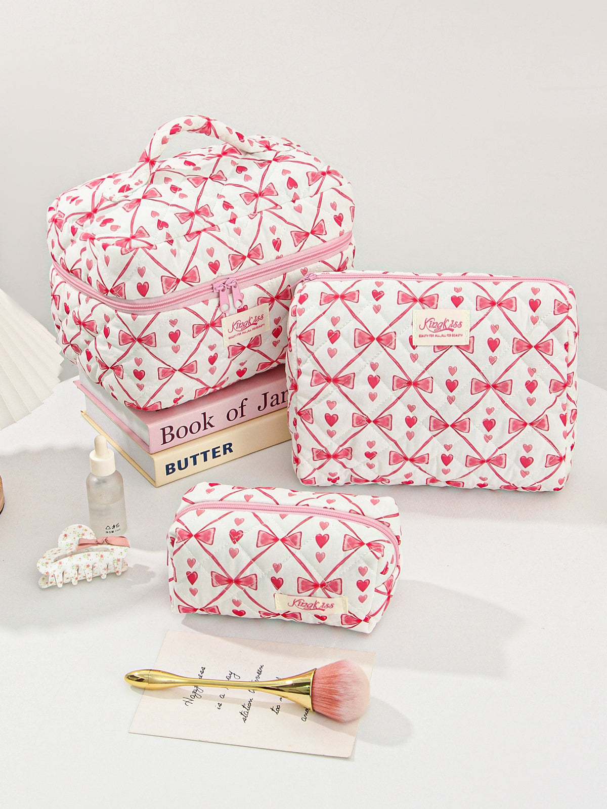 Love Heart Bow Portable Large Capacity Makeup Bag