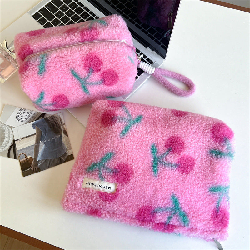 Plush Pink Cherry Sweet Storage Wash Makeup Bag
